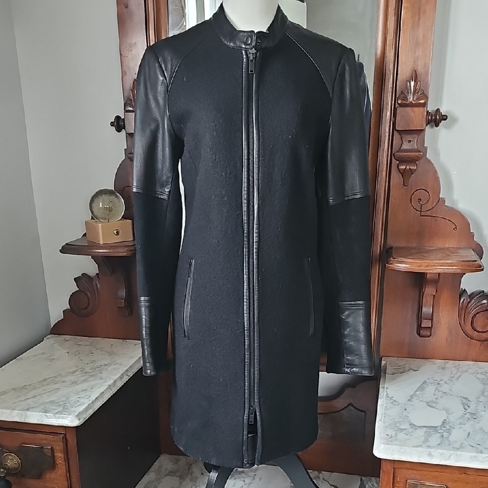 Women's Black Leather And Wool 3/4 Length Coat